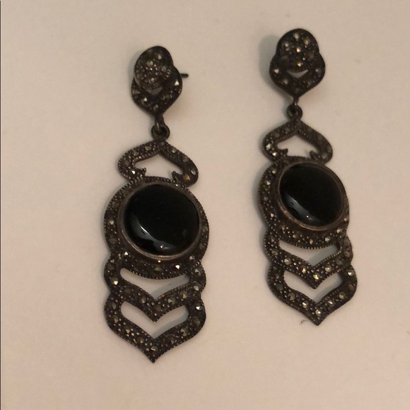 VINTAGE BLACK ONYX MARCASITE CHEVRON DANGLING - Picture 3 of 9